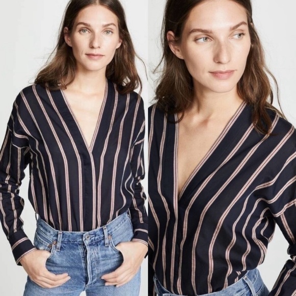 Vince Textured Striped Long-sleeve Button Up Linen Silk Blend Blouse size Small - Picture 2 of 14